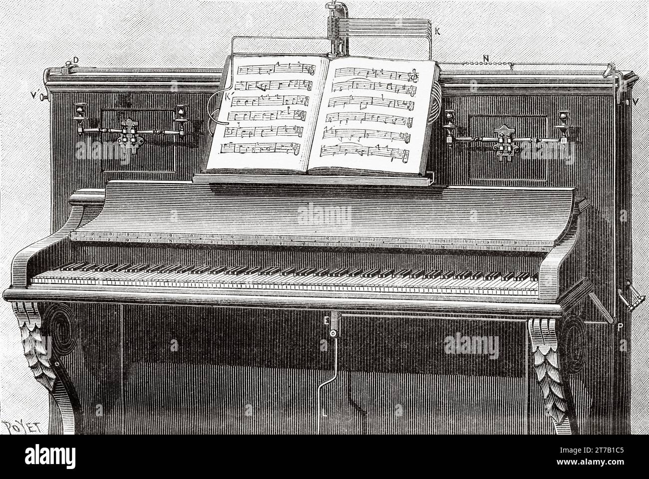 Automatic music sheet turner on a piano. Old illustration by Louis Poyet (1846-1913) from La Nature 1887 Stock Photo