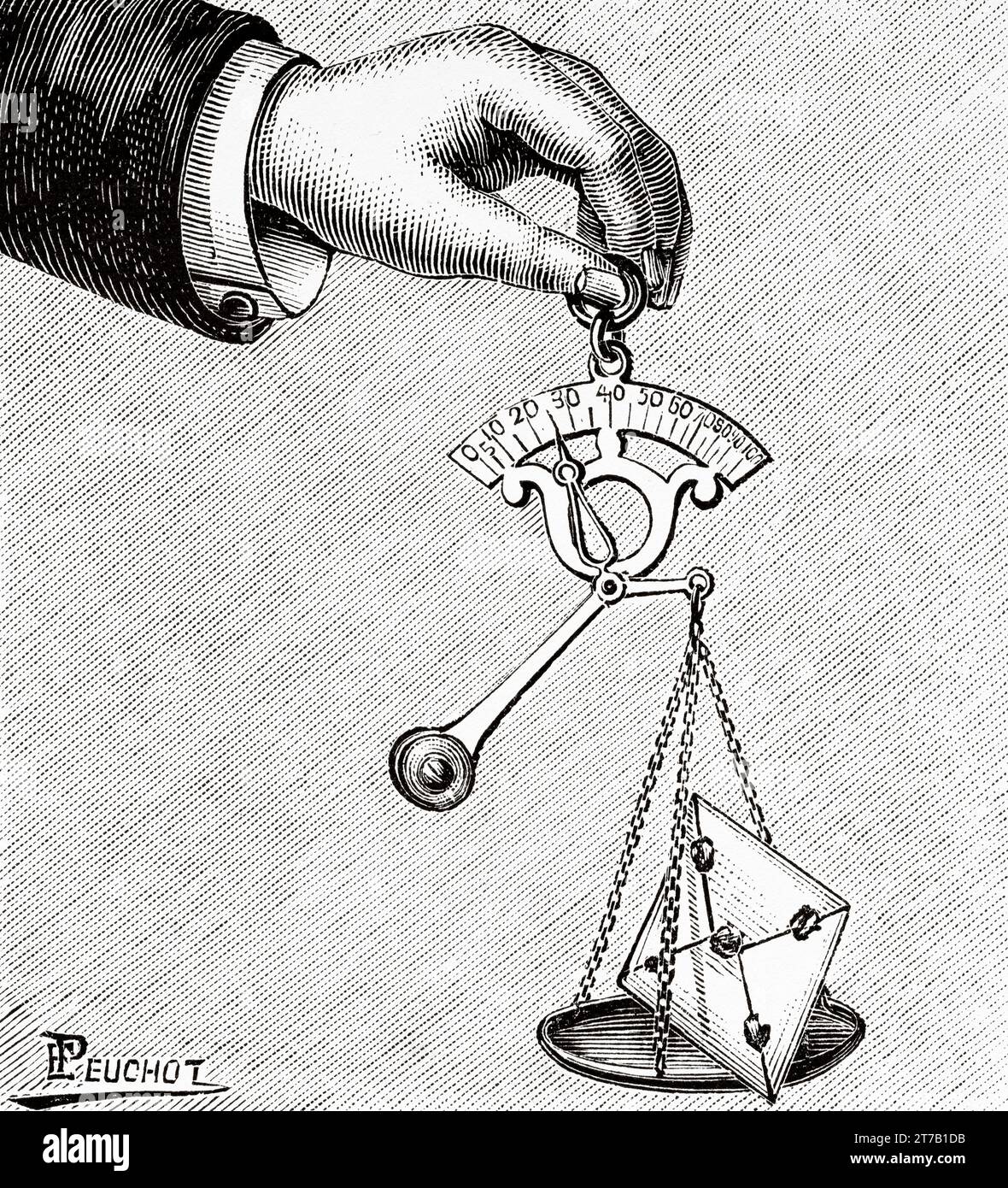 Small pocket scale for weighing letters or photographic products. Old illustration from La Nature 1887 Stock Photo