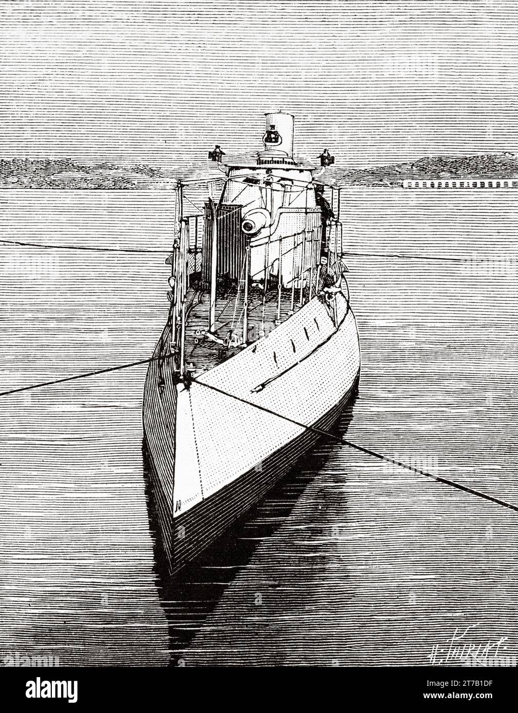 Boat Gabriel Charms. French Navy Gunboat, France. Old illustration from La Nature 1887 Stock Photo