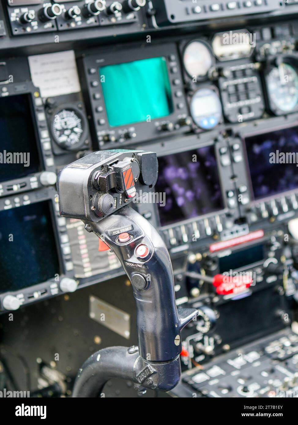 Interior view of helicopter Agusta cockpit with control lever