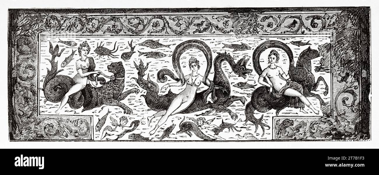 Roman mosaics of Tebessa, coronation of Amphitrite. Algeria. Old illustration from La Nature 1887 Stock Photo