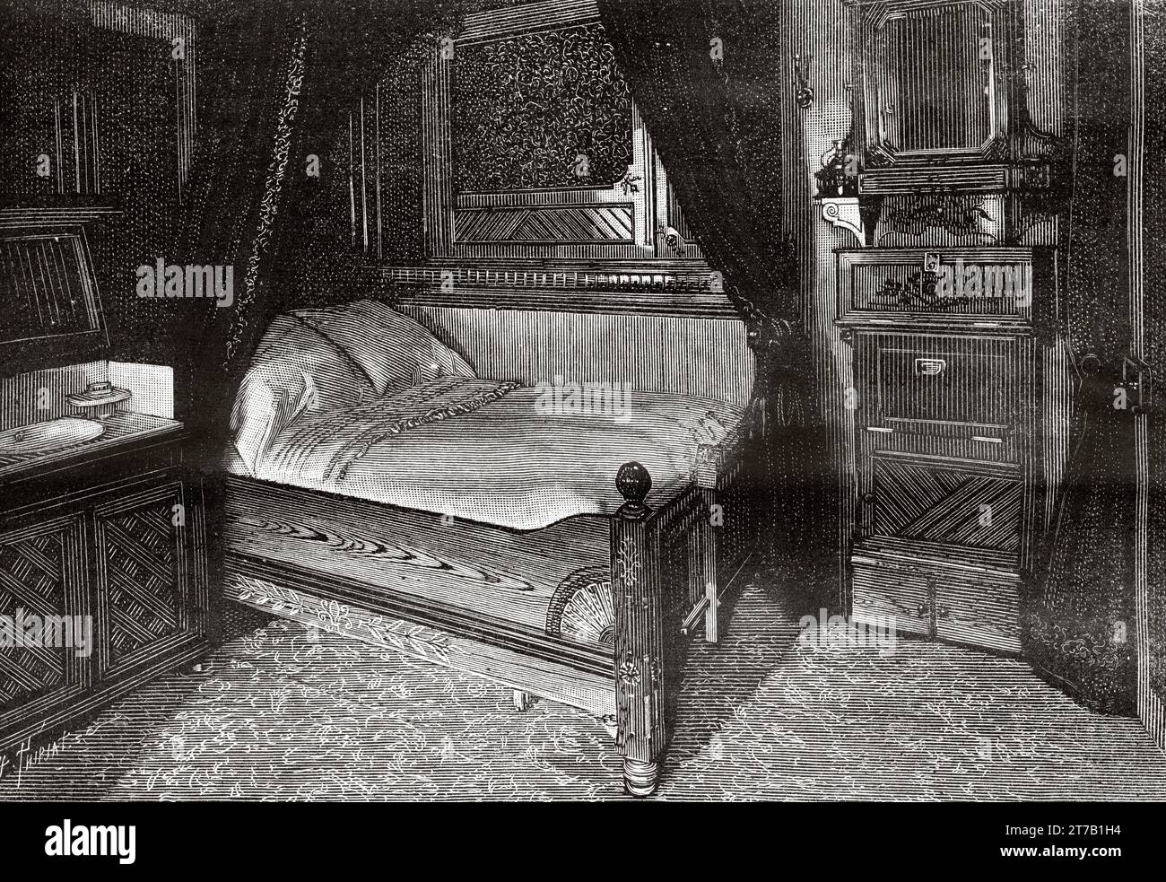 Paquebot la Gascogne. Luxury cabin of the transatlantic liner Gascogne. Old illustration from La Nature 1887 Stock Photo