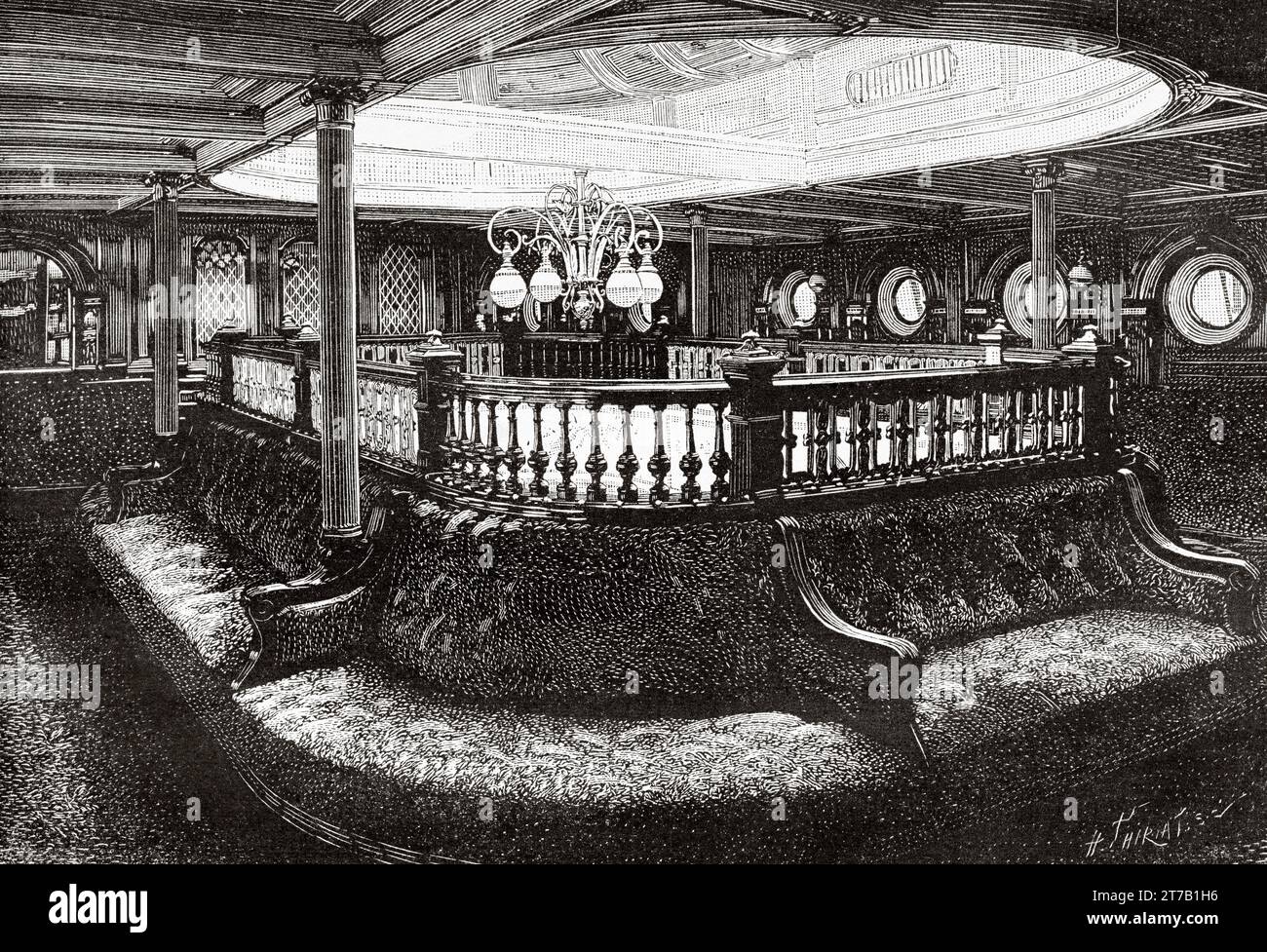 Paquebot la Gascogne. View of the conversation room of the new transatlantic liner La Gascogne. Old illustration from La Nature 1887 Stock Photo