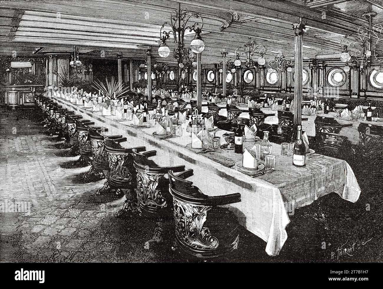 Paquebot la Gascogne. Dining room of the new transatlantic liner La Gascogne. Old illustration from La Nature 1887 Stock Photo