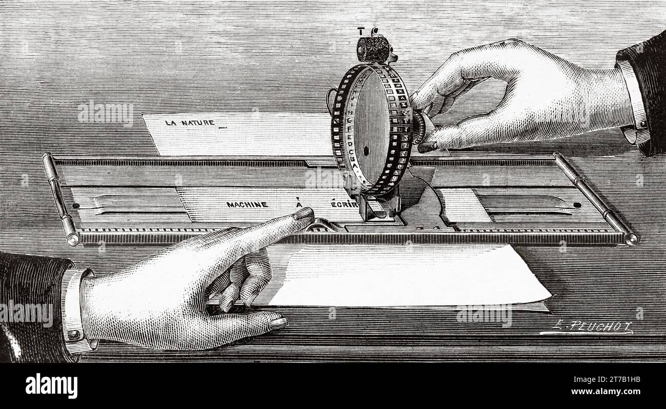 Small writing machine, Herrington system. Old illustration from La Nature 1887 Stock Photo
