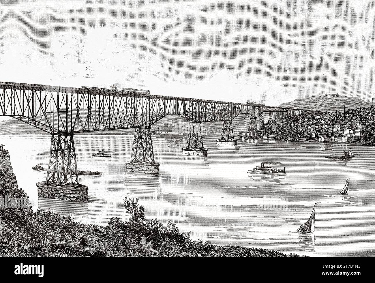 The Walkway over the Hudson, Poughkeepsie Bridge, Poughkeepsie Railroad Bridge, Poughkeepsie–Highland Railroad Bridge and High Bridge, is a steel cantilever bridge spanning the Hudson River between Poughkeepsie, New York, on the east bank and Highland, New York, on the west bank. Built as a double track railroad bridge, it was completed on January 1, 1889, and formed part of the Maybrook Railroad Line of the New York, New Haven and Hartford Railroad, USA. Old illustration from La Nature 1887 Stock Photo