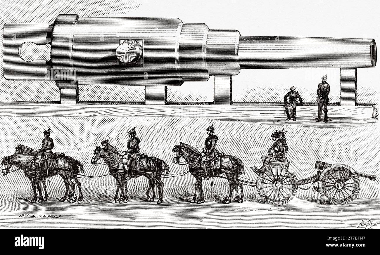Krupp cannon of 143 000 kilograms, 16 meters long In the foreground a German field muzzle, harnessed with 6 horses, is shown at the same scale. Old illustration from La Nature 1887 Stock Photo