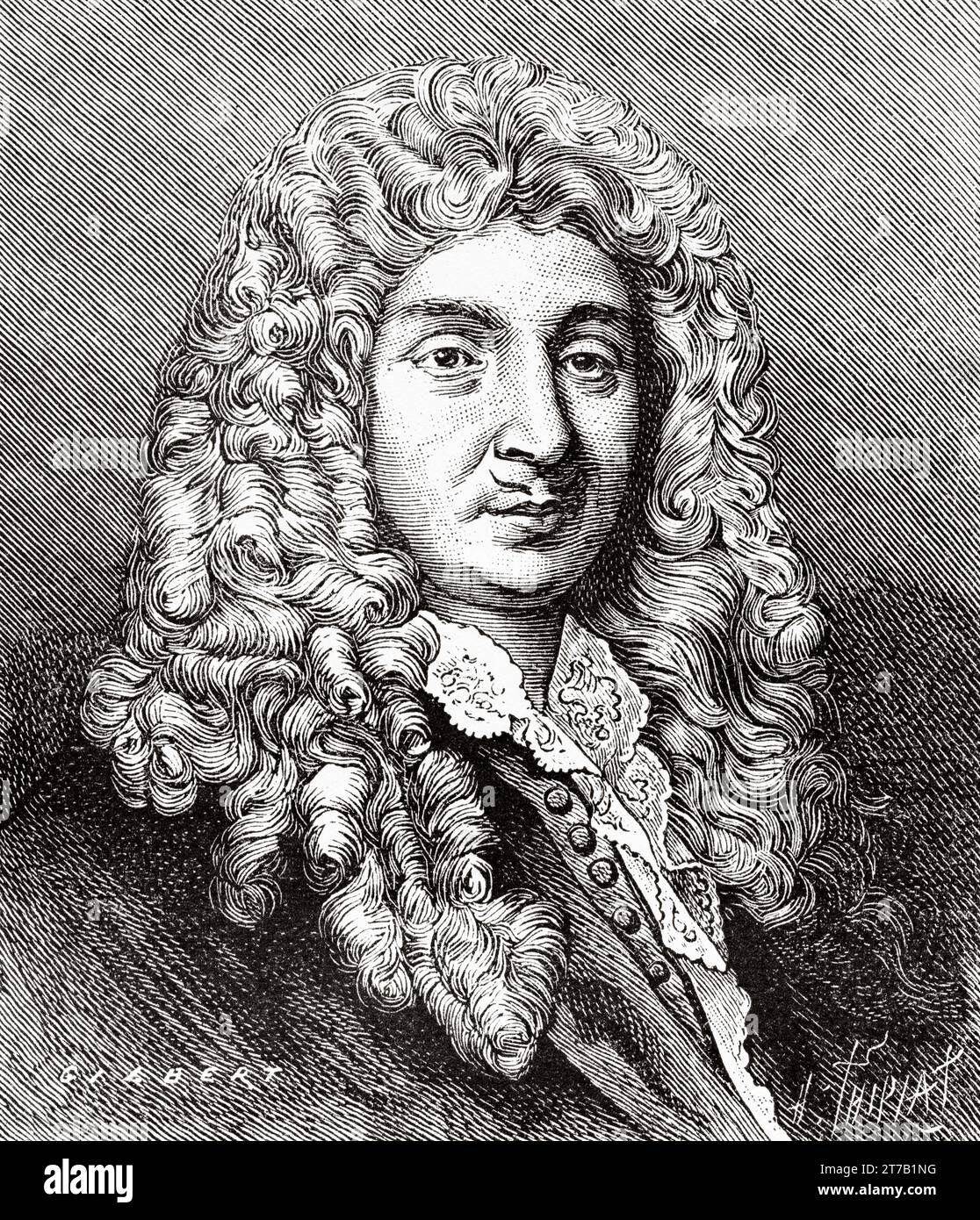 Portrait of Jean-Baptiste Lully (1632-1687) was an Italian naturalized French composer, guitarist, violinist, and dancer who is considered a master of the French Baroque music style. Best known for his operas, he spent most of his life working in the court of Louis XIV of France and became a French subject in 1661, France. Old illustration from La Nature 1887 Stock Photo