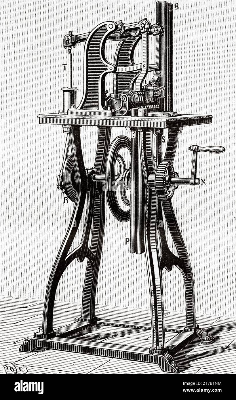 Machine for printing railway tickets, produced by Georg Gobel, Darmstadt, Germany. Old illustration by Louis Poyet (1846-1913) from La Nature 1887 Stock Photo
