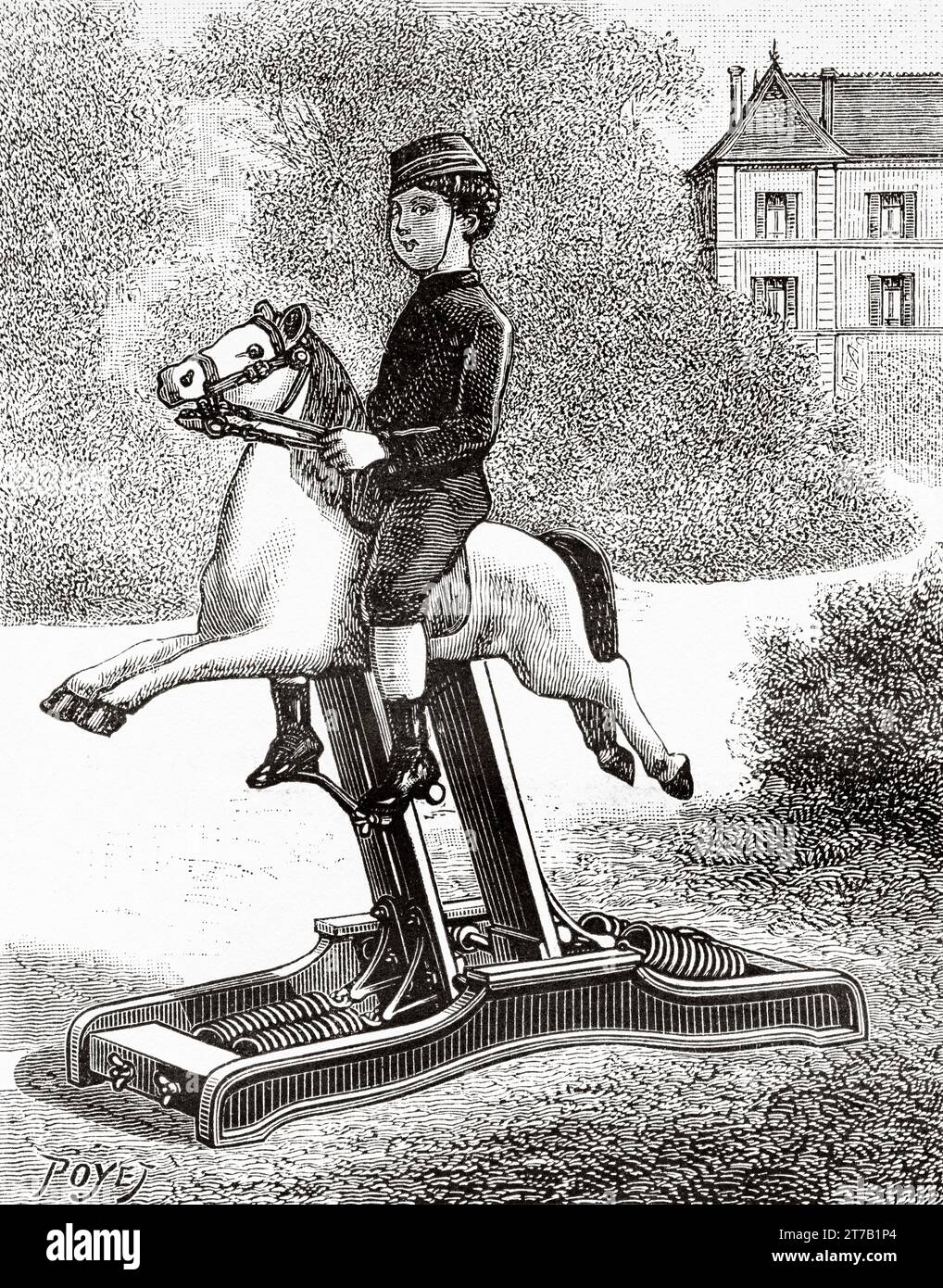 Science games, Manning wooden horse. Old illustration by Louis Poyet (1846-1913) from La Nature 1887 Stock Photo