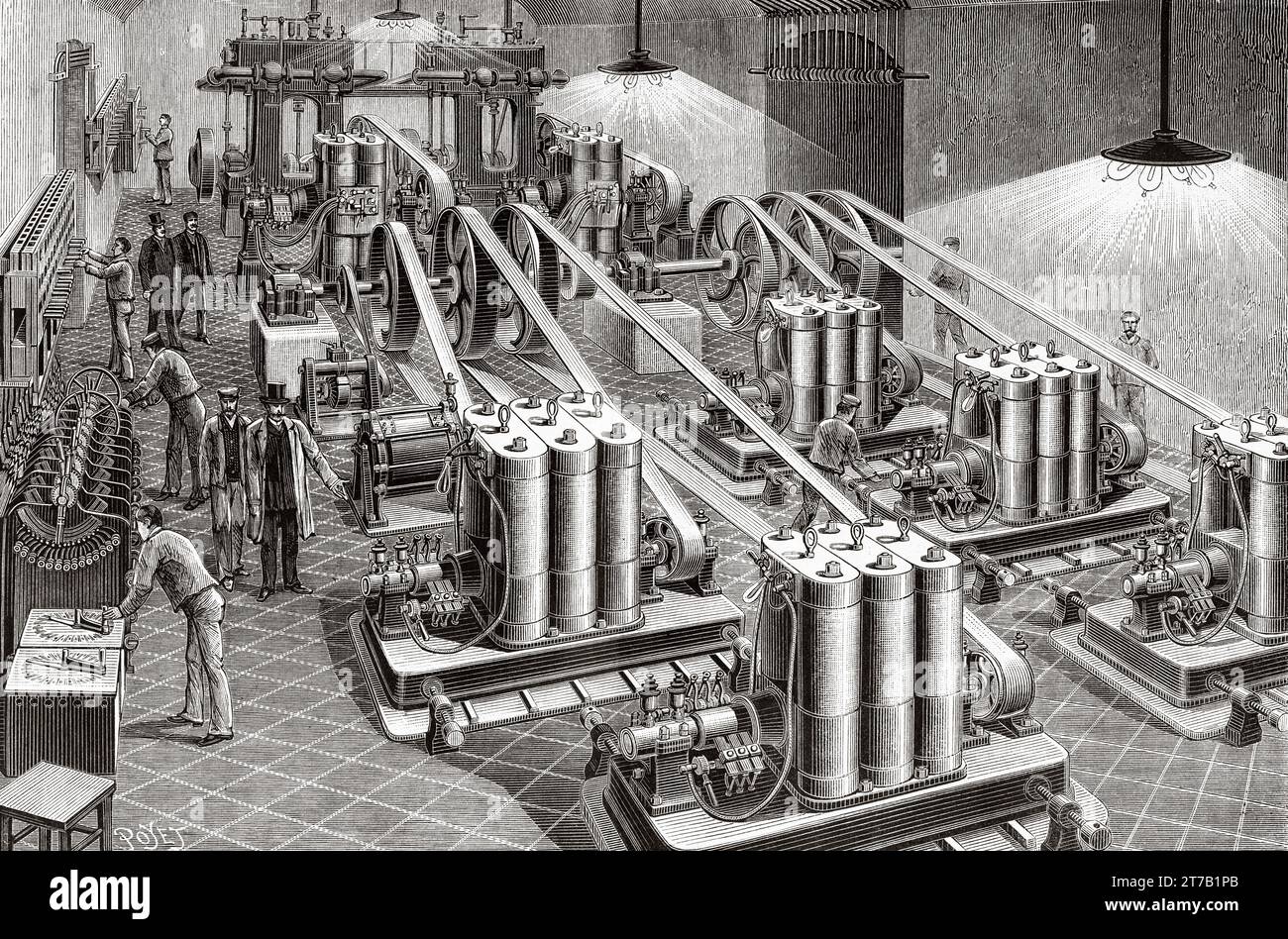 Edison dynamos generators of 500 and 1000 lamps installed in the caves of the Paris Opera House, France. Old illustration by Louis Poyet (1846-1913) from La Nature 1887 Stock Photo