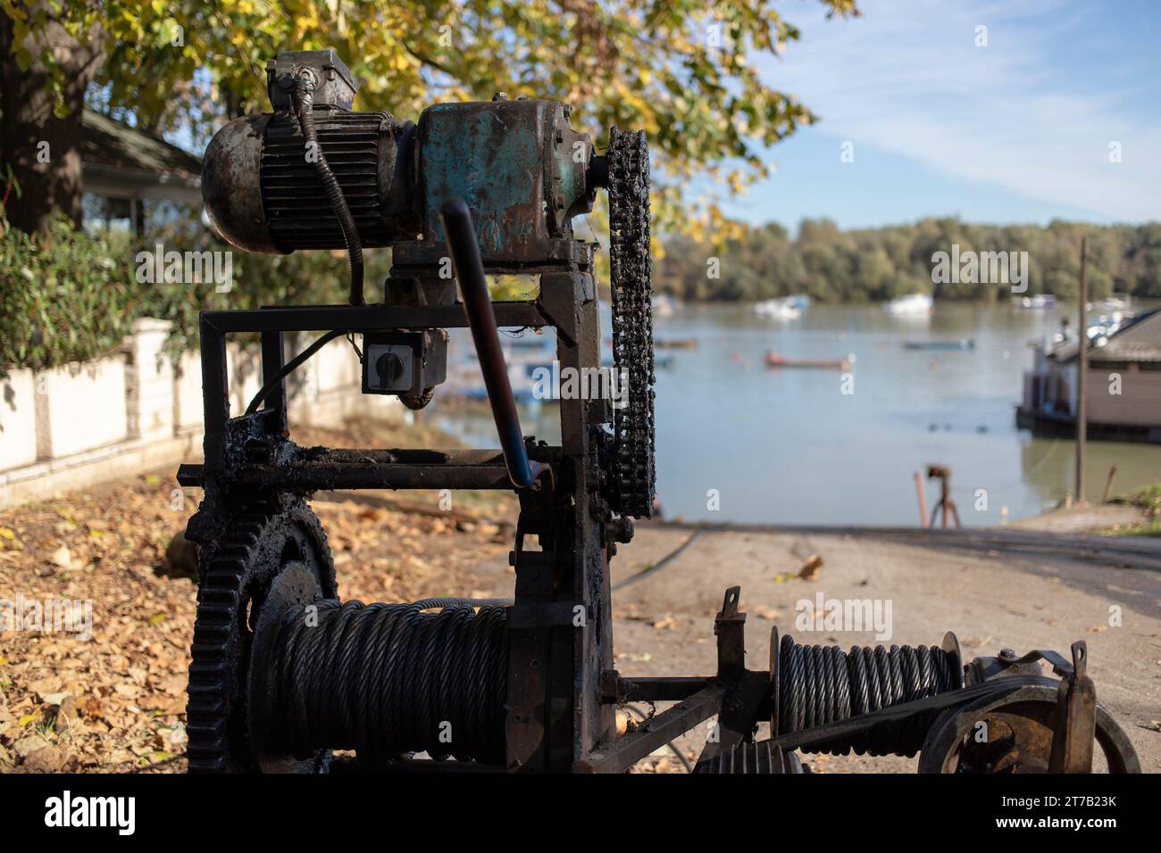 An old winch for pulling boats out of the river Stock Photo
