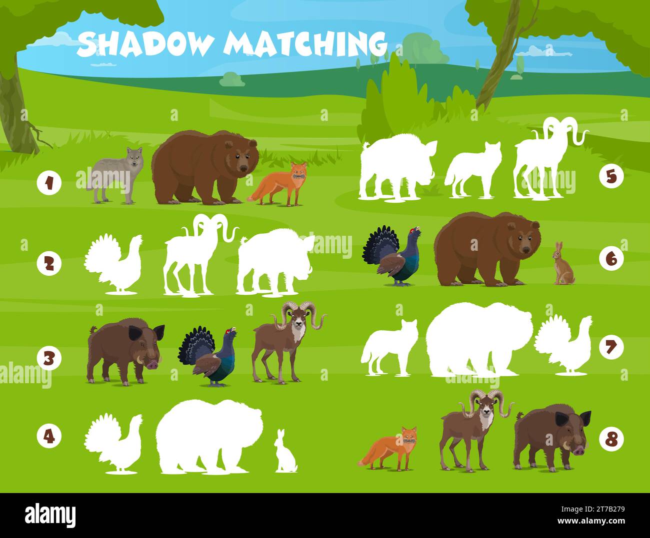 Shadow matching game, forest hunting animals and birds, vector kids