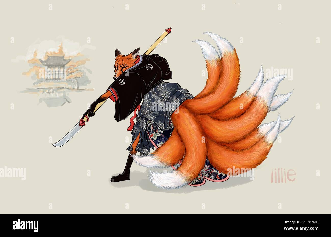 Art in Japanese folklore, kitsune (狐, きつね) are nine tailed fox spirits that possess paranormal abilities may shapeshift into human or other forms Stock Photo