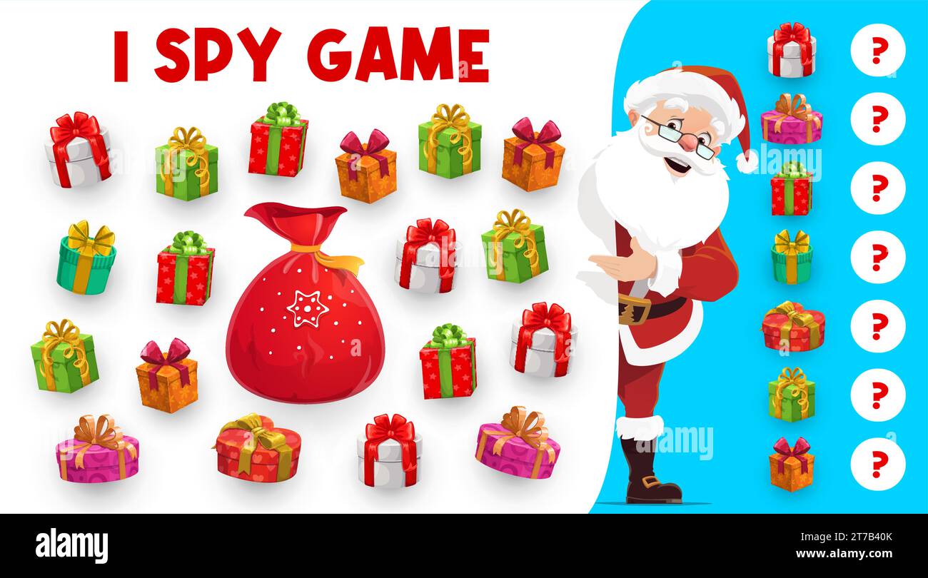 Christmas presents i spy game and cartoon Santa. Kids vector riddle