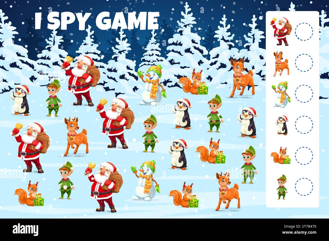 Christmas i spy game with holiday characters. Kids vector riddle with