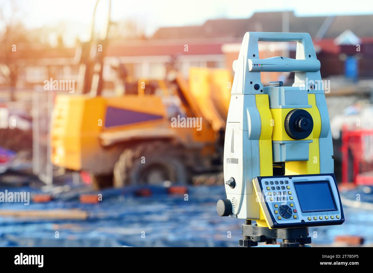 Close-up of surveyor optical equipment tacheometer or theodolite on ...