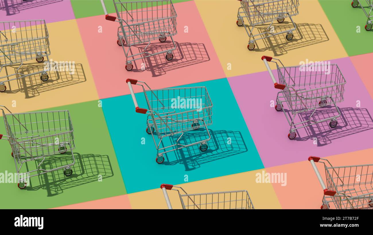 Shopping carts on colorful squares Stock Photo Alamy