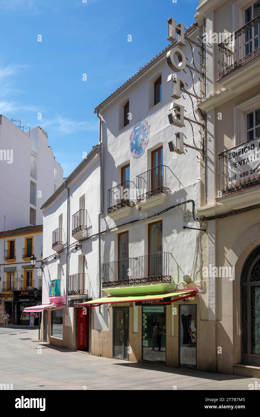 Europe, Spain, Extremadura, Cáceres, Traditional Shops and Hotel on Calle San Pedro Stock Photo