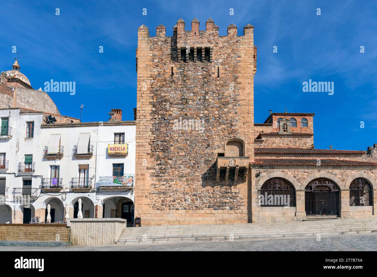 Europe, Spain, Extremadura, Cáceres, The Torre de Bujaco (Tower) and Ermita de la Paz (Chapel) on the Plaza Mayor Stock Photo