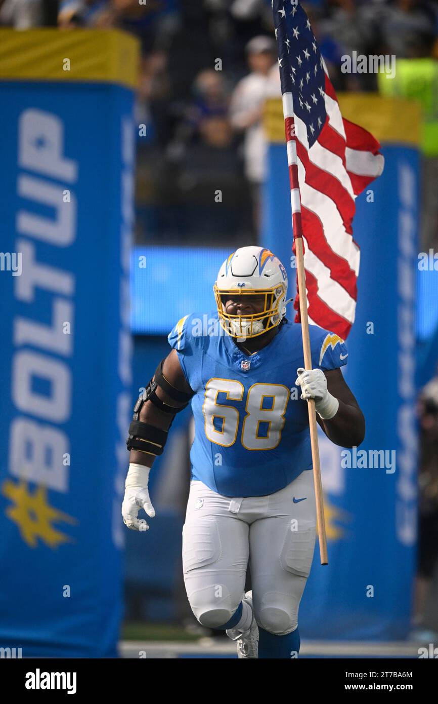 Jamaree Los Angeles Chargers guard Jamaree Salyer (68) comes onto the field ...