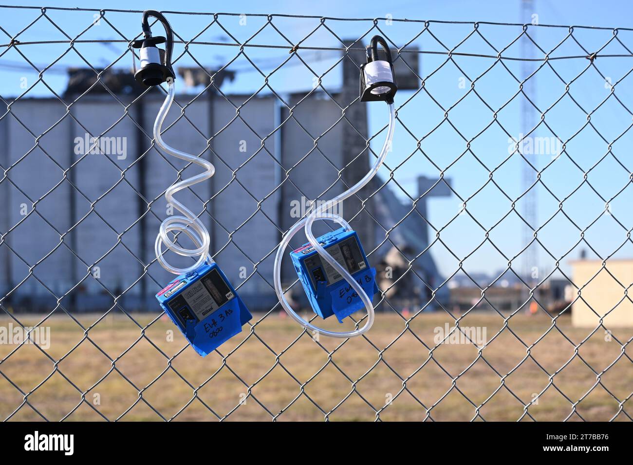 TUSTIN, CALIFORNIA 13 NOV 2023 Air Samplers hanging on the fence surrounding the the Tustin