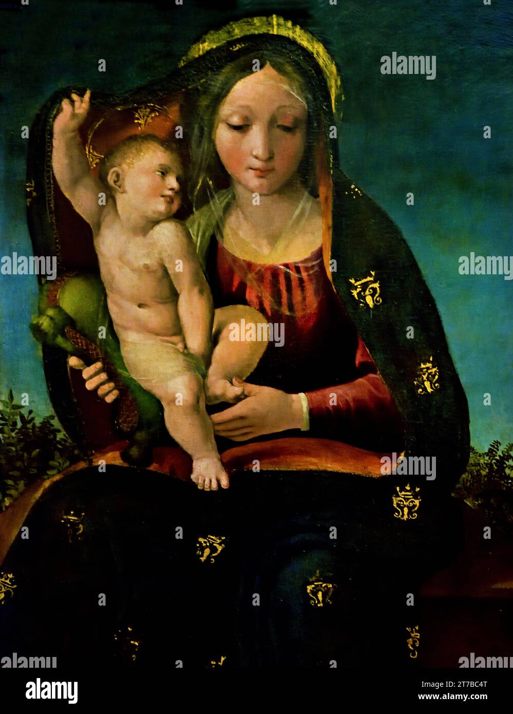 Virgin and Child ( detail painting middle panel) by Agostino Tesauro active 1541-1546 . Italian painter.Fine Art Museum,  Museo di Capodimonte, Naples, Italy. Bourbon Collection. ( Crucifixion between Saint Venera and Saint Apollonia. Bottom part: Virgin and Child between Saint Leonard and Saint Donatus. ) Stock Photo