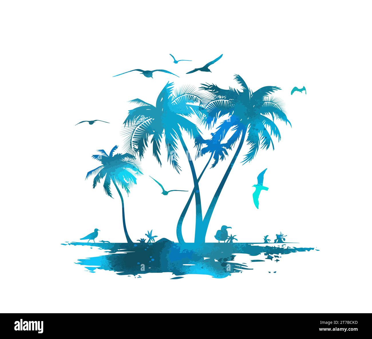 Silhouette of a blue palm tree on a white background with seagulls ...