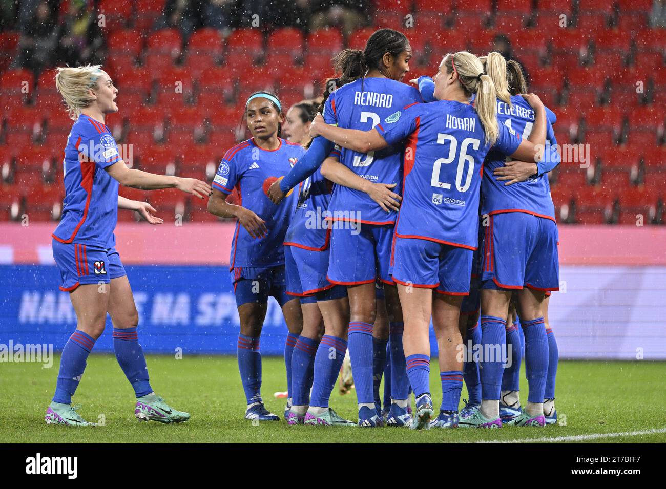 Prague, Czech Republic. 14th Nov, 2023. Lyon players celebrate scoring