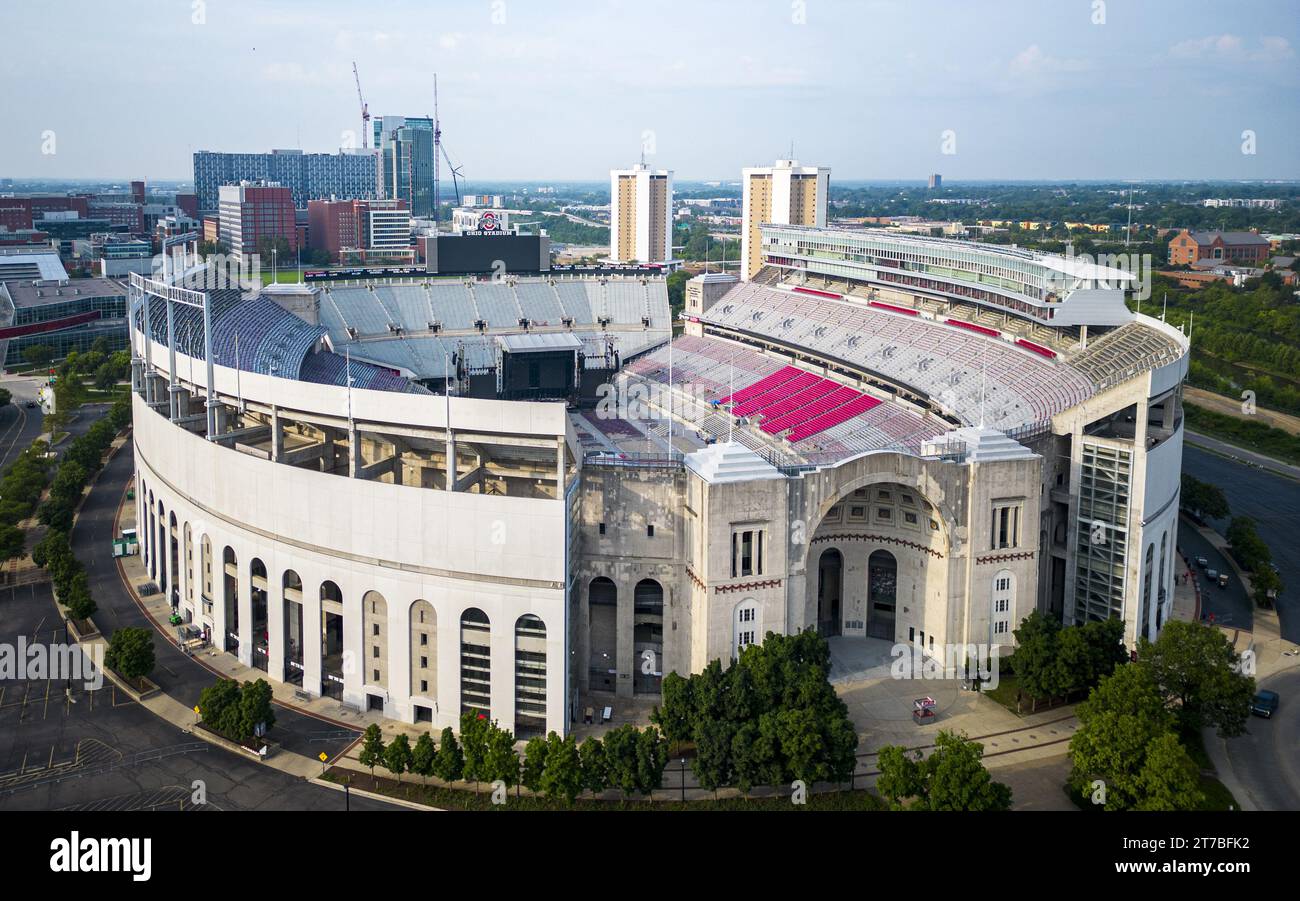 Columbus, Ohio, USA - 5 August 2023: Drone view of the Ohio State Football Stadium set up for a concert early in the morning. Stock Photo