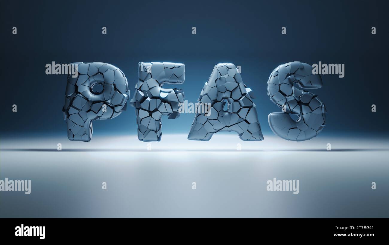 PFAS sign on a blue background crashing in a small particles