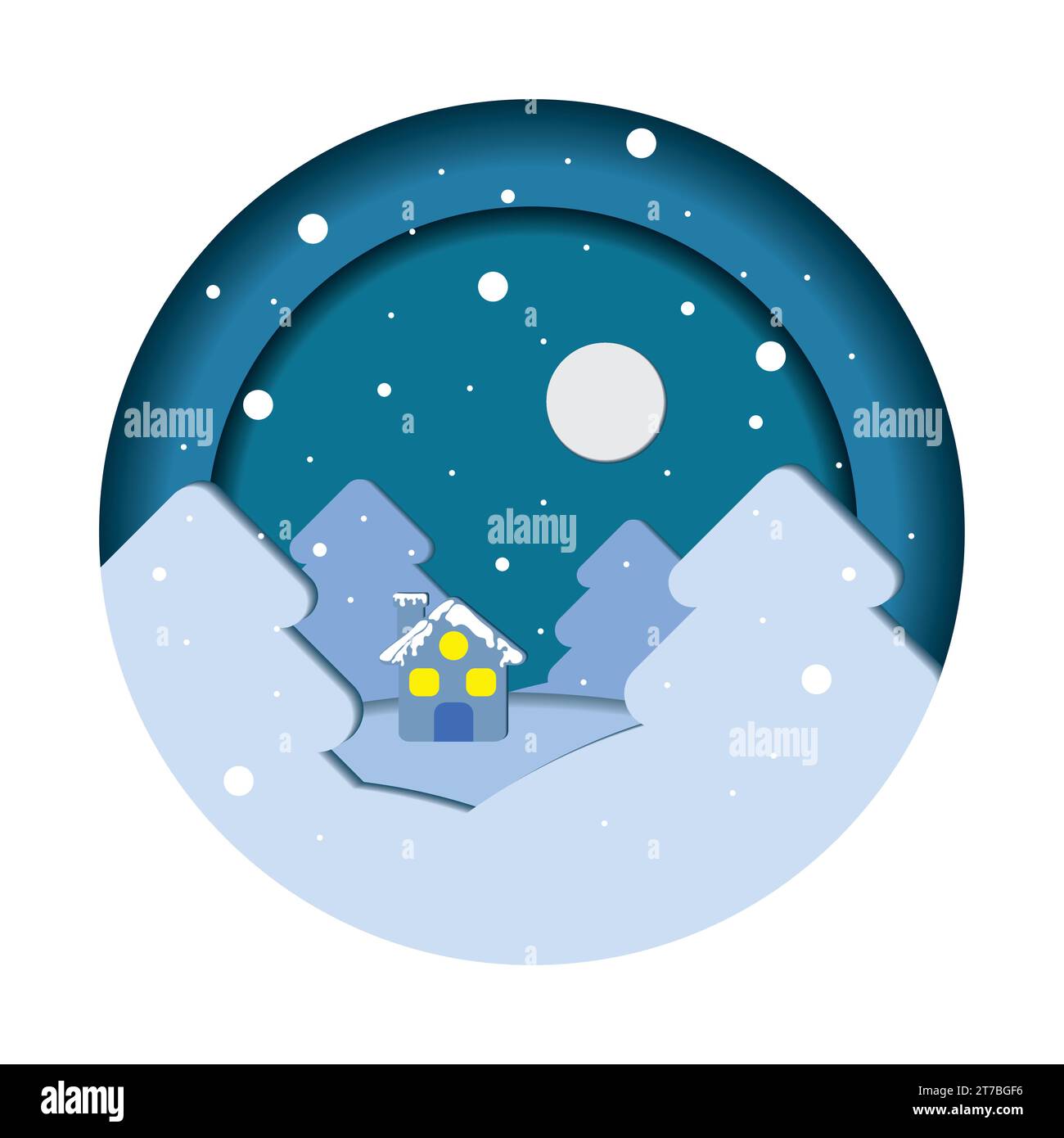 Winter landscape with trees and house Paper art style Vector Stock ...