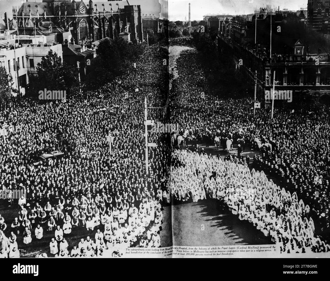 An image from the 1934 Eucharistic Congress in Melbourne, Australia. The view from Mt St Evins Hospital where the Papal Legate gave the final Benediction. It is said that 200, 000 people received Benediction. Stock Photo