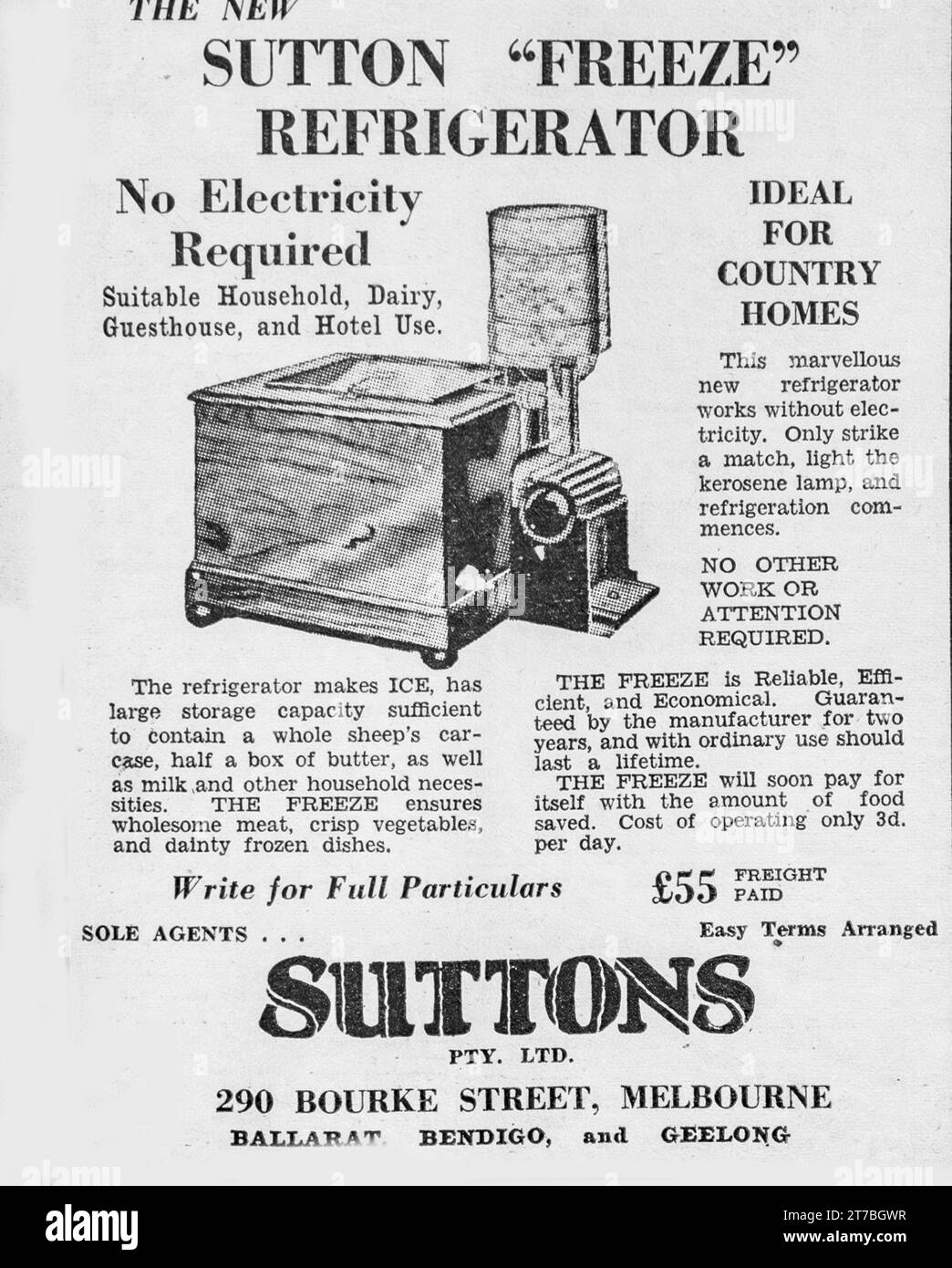 Historical 1934 advertisement for the nonelectric Sutton "Freeze" Refrigerator, suitable for