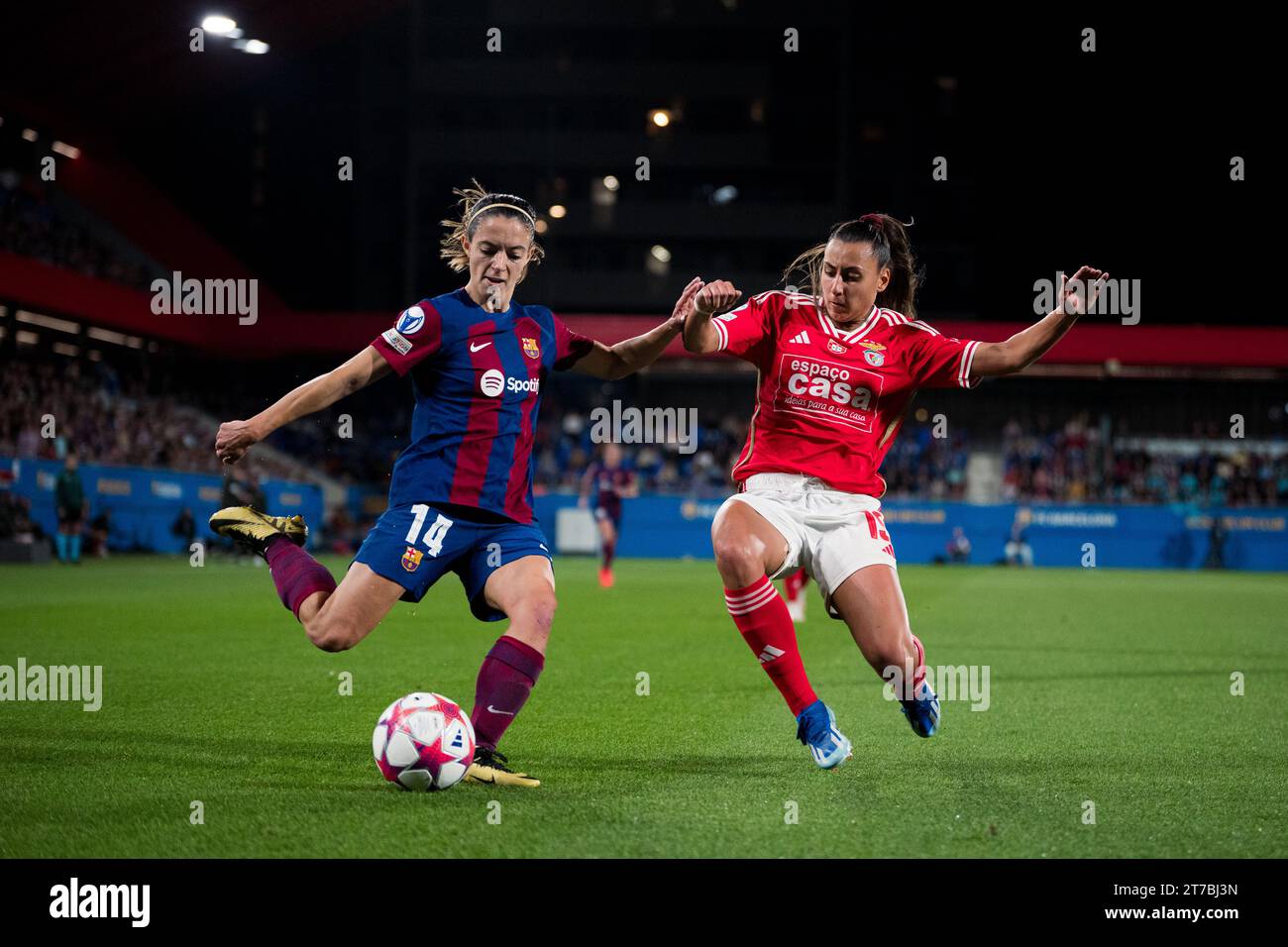 Sant Joan Despi, Spain, 14, November, 2023.  Spain-Football-Women Champions League-Group A-FC Barcelona v SL Benfica.  (14) Aitana Bonmati vies with (19) Catarina Amado.  Credit: Joan Gosa/Alamy Live News Stock Photo