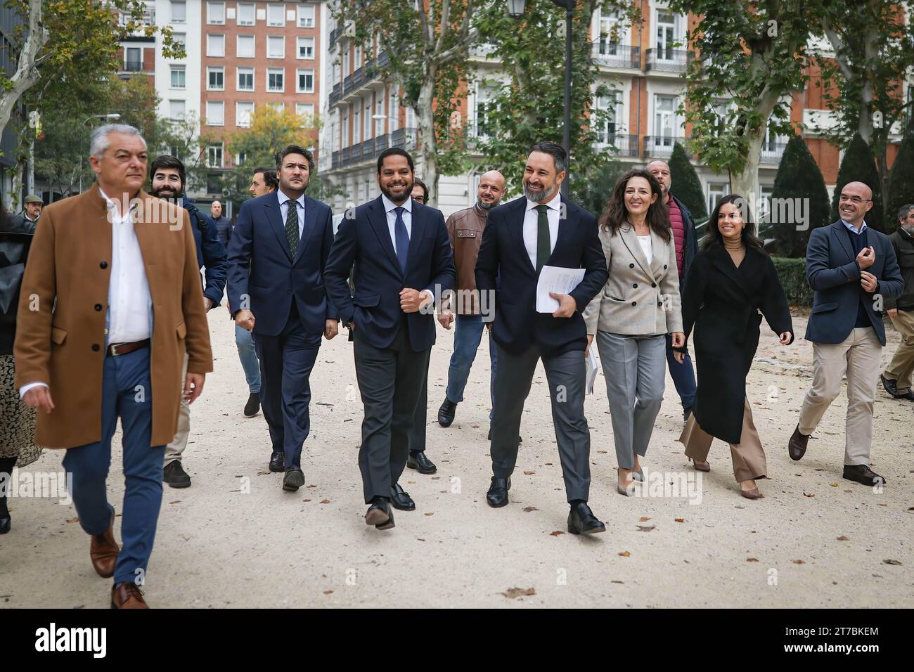 Madrid, Spain. 14th Nov, 2023. Vox leader Santiago Abascal (C) carries