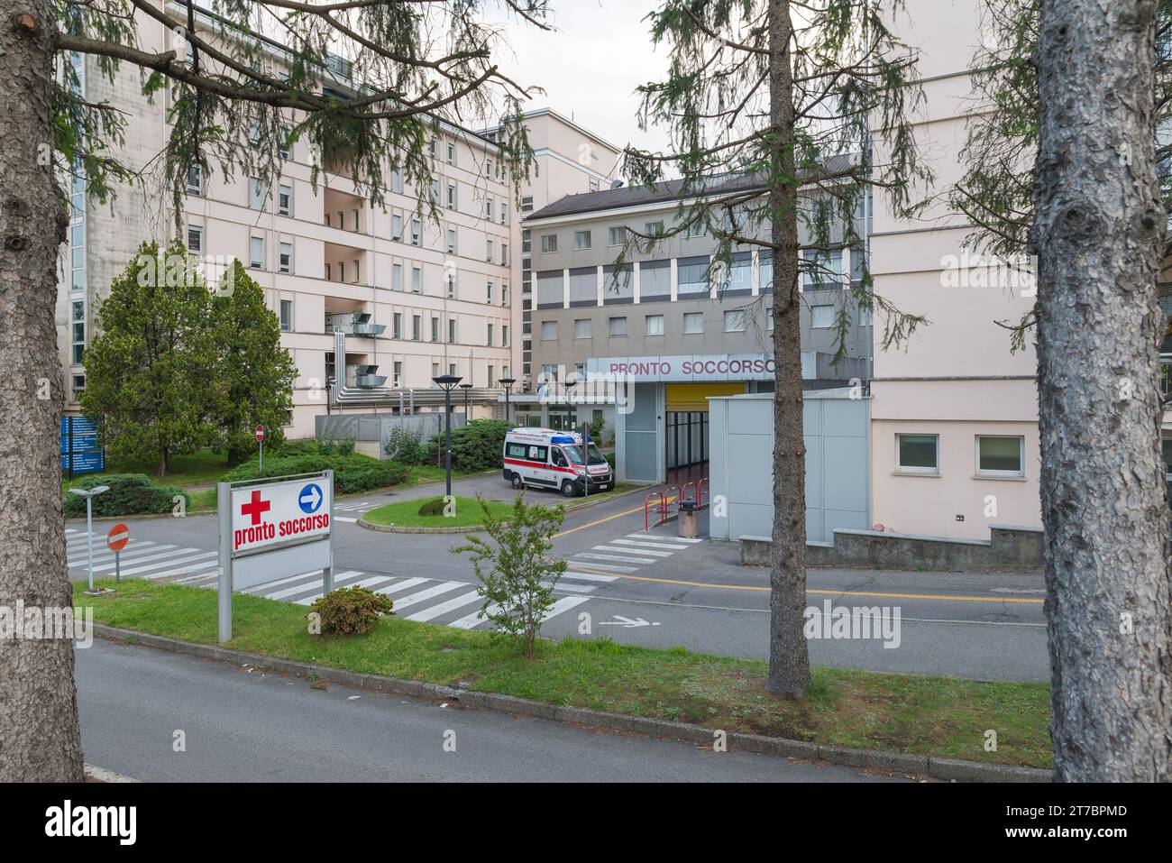 Northern Italy hospital. Galmarini hospital of Tradate city, emergency room entrance with a parked ambulance Stock Photo
