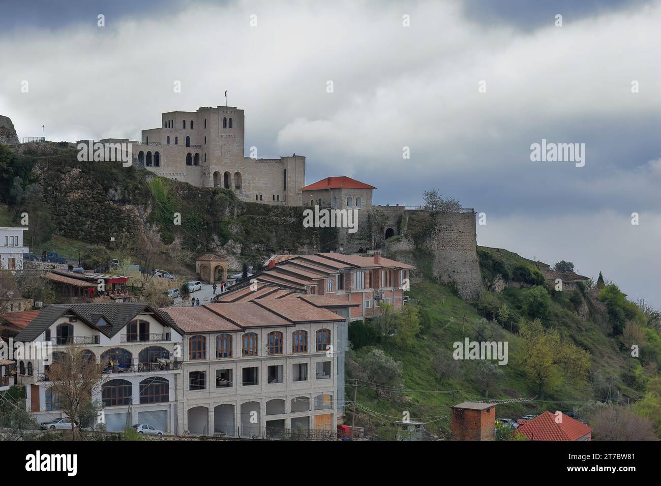 036 The AD 1982 opened Skanderbeg Museum housed in the local citadel as seen over the city's last buildings. Kruje-Albania. Stock Photo