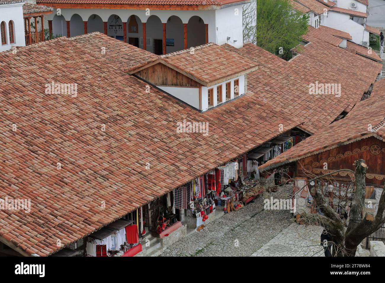 037 The Old Bazaar - Pazari i Vjeter- in traditional style houses on the main street leading up to the castle. Kruje-Albania. Stock Photo