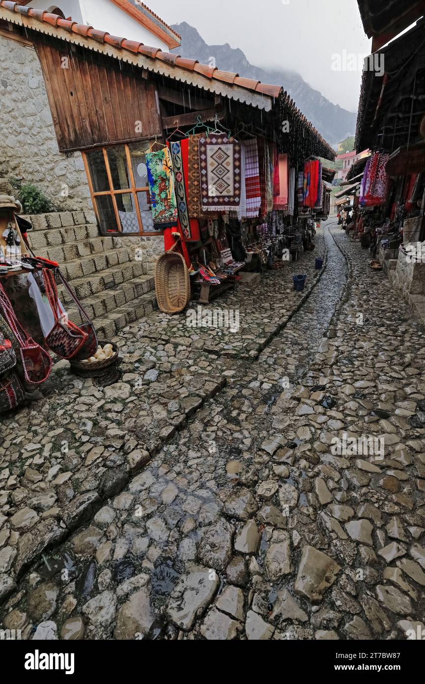 041+ The Old Bazaar - Pazari i Vjeter- under the rain, held in traditional style houses on the main street. Kruje-Albania. Stock Photo
