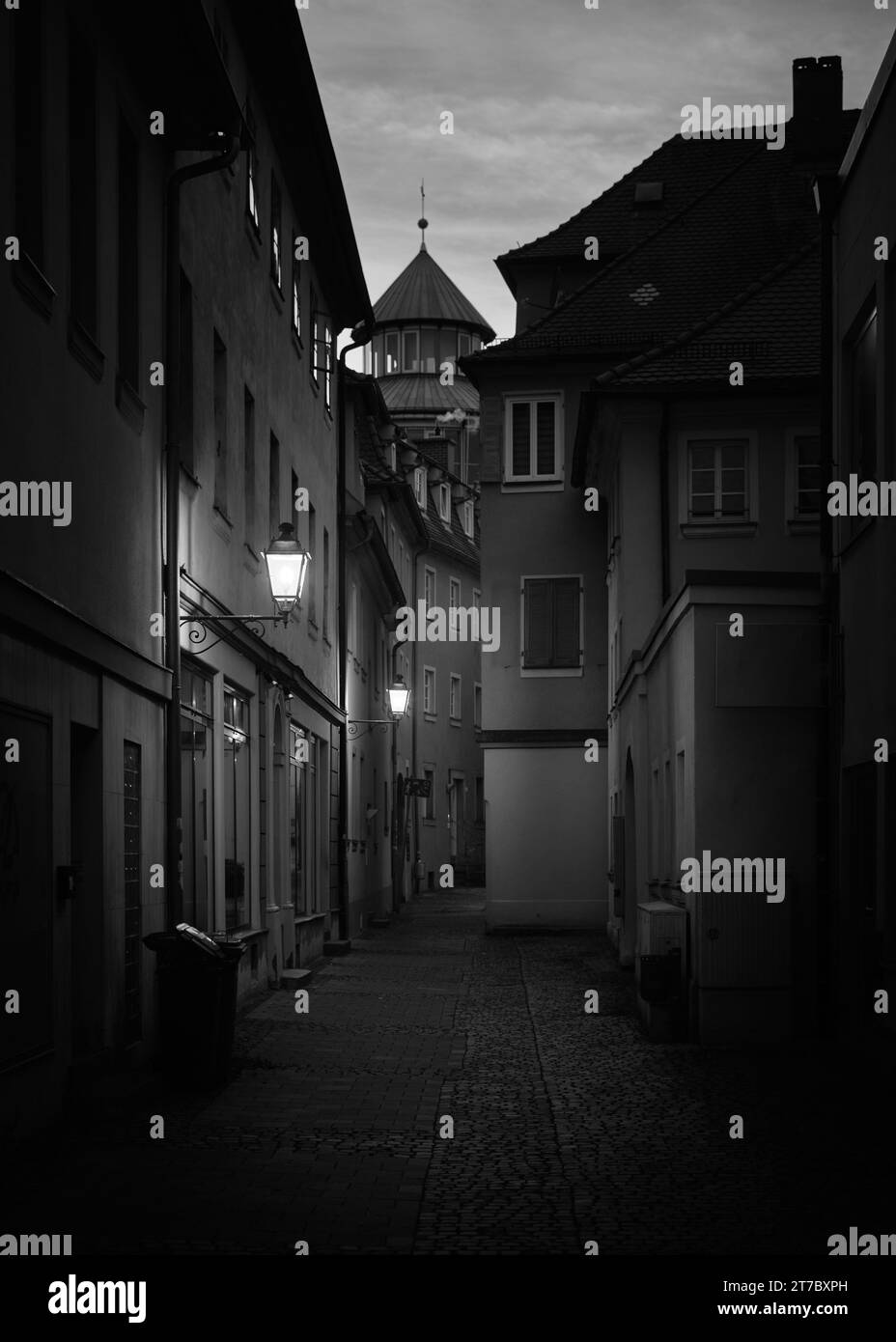 View in the old town of Ansbach. A narrow street with buildings and