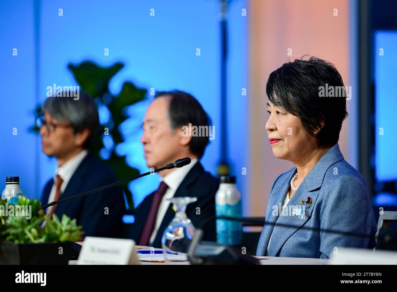 San Francisco, United States. 14th Nov, 2023. Minister of Foreign Affairs of Japan Yoko Kamikawa at the Trilateral with Japan & Republic of Korea at the Asia-Pacific Economic Cooperation Economic Leaders Week (AELW) at the George R. Moscone Convention Center in San Francisco, California, on Tuesday, November 14, 2023. Photo by Ben Solomon/U.S. Department of State/UPI Credit: UPI/Alamy Live News Stock Photo