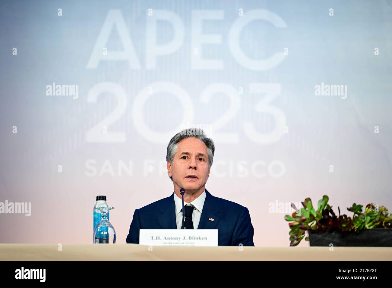 San Francisco, United States. 14th Nov, 2023. United States Secretary of State Antony Blinken at the Trilateral with Japan & Republic of Korea at the Asia-Pacific Economic Cooperation Economic Leaders Week (AELW) at the George R. Moscone Convention Center in San Francisco, California, on Tuesday, November 14, 2023. Photo by Ben Solomon/U.S. Department of State/UPI Credit: UPI/Alamy Live News Stock Photo