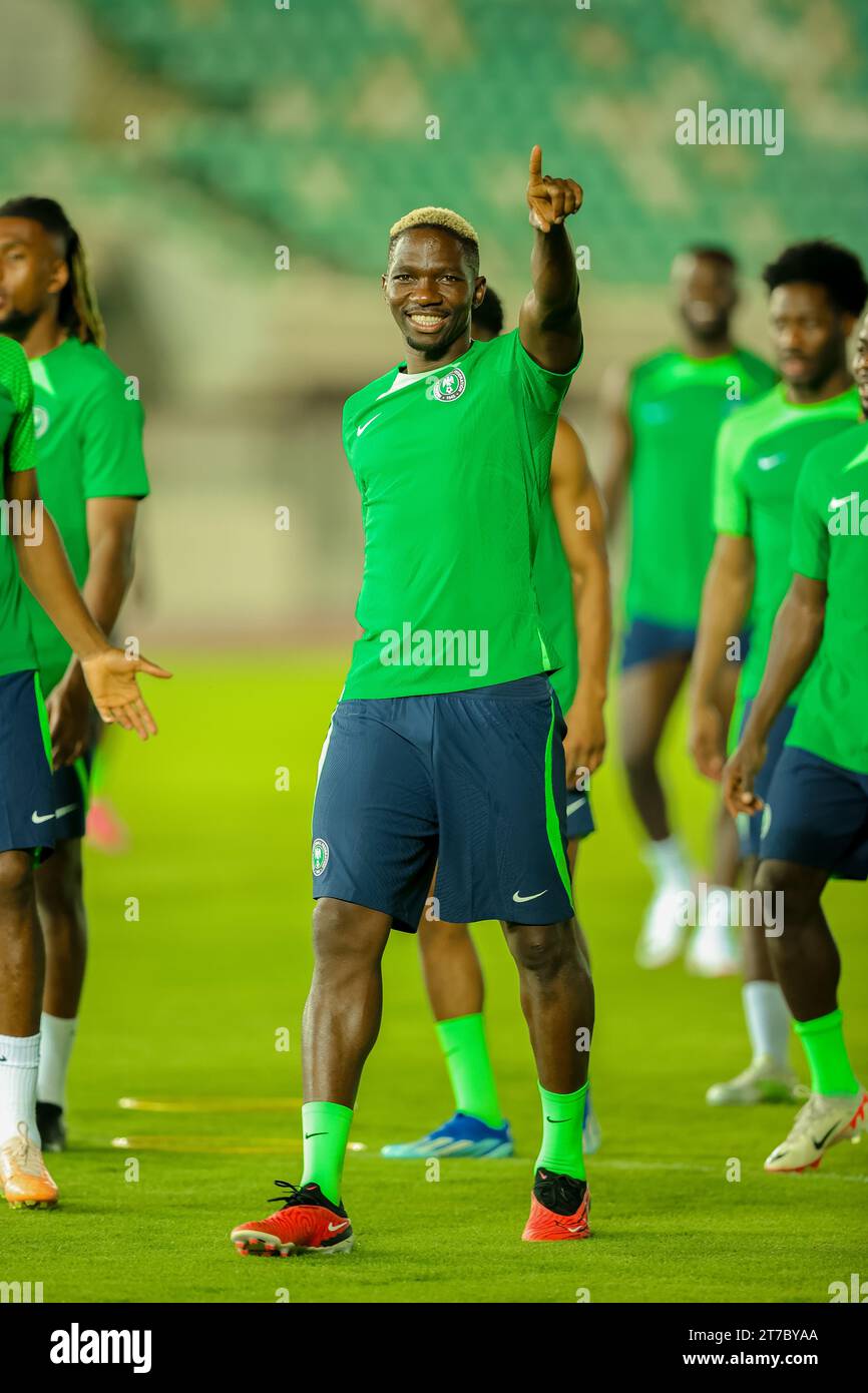 Akwa Ibom State, Nigeria. 14 nov  2023. Nigeria Super Eagles training session. Kenneth Omeruo in training. FIFA World Cup Qualifiers. Victor Modo Stock Photo