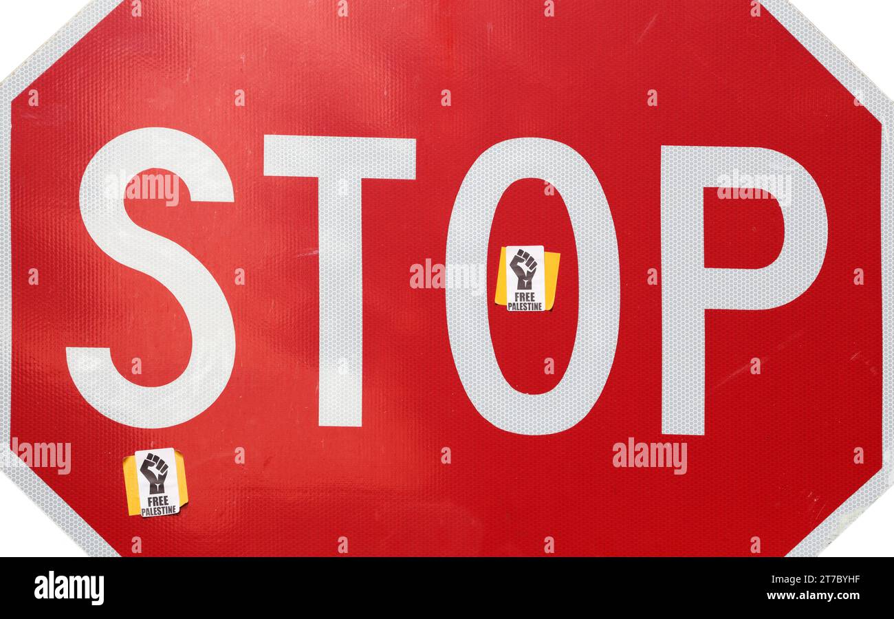 STOP sign with Free Palestine sticker in the USA, America Stock Photo