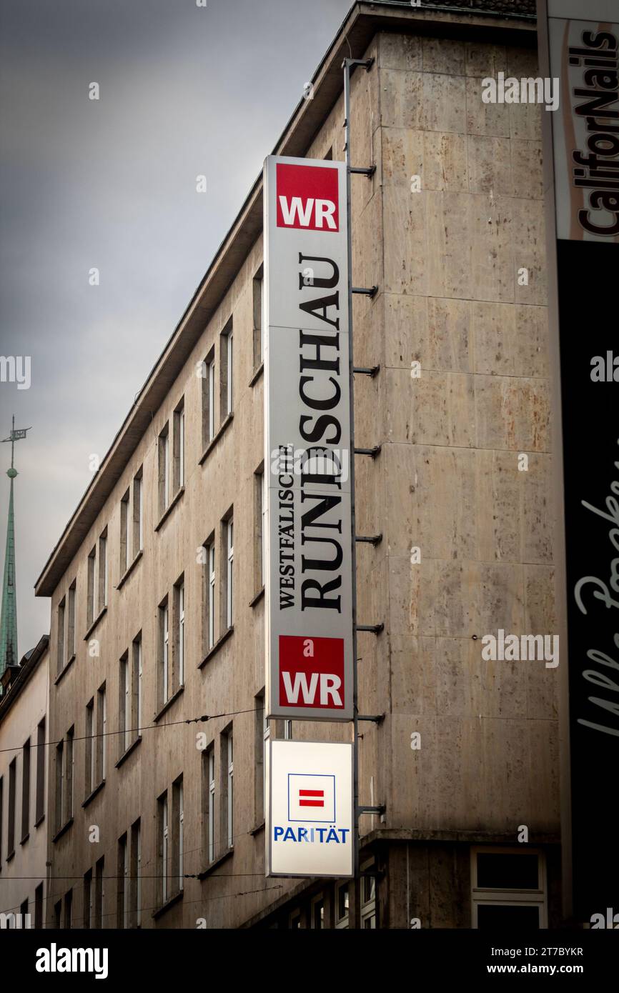 Picture of a sign with the logo of westfalische rundschau on their headquarters for Dortmund, Germany. Westfälische Rundschau (WR) is a daily newspape Stock Photo