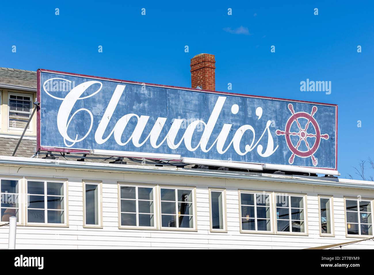 large claudio's tavern and grill outdoor sign in greenport, ny Stock Photo