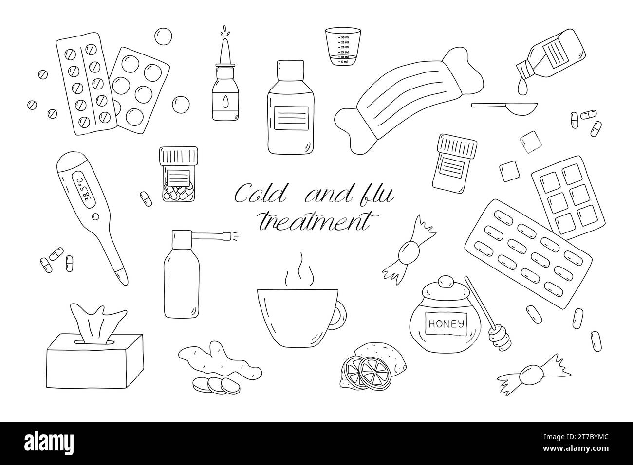 Different cold and flu treatment set, doodle style flat vector outline illustration for kids coloring book Stock Vector
