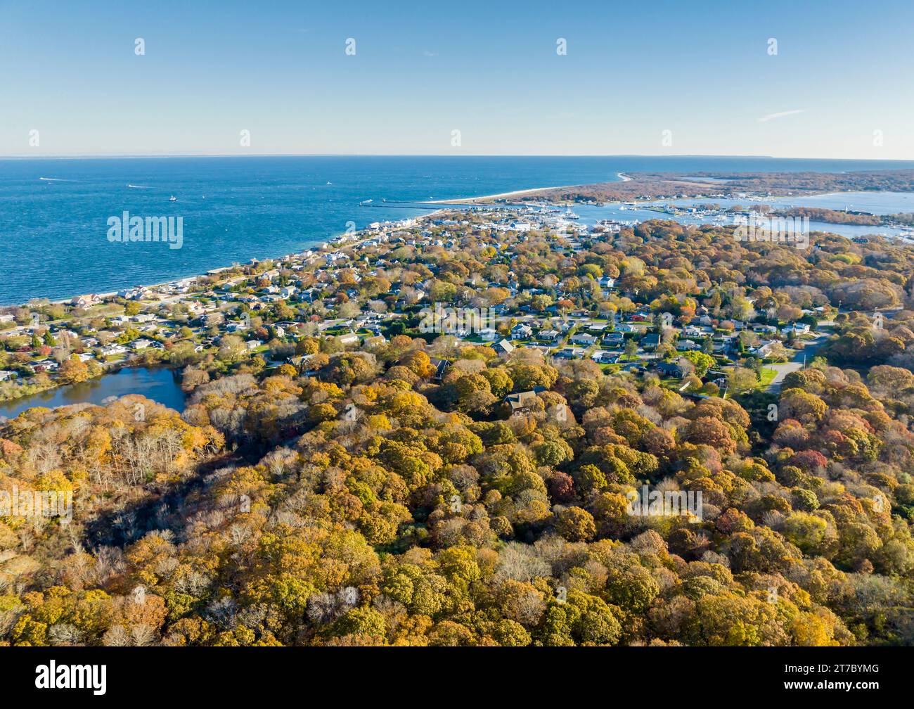 aerial view of Culloden point and montauk harbor beyond Stock Photo