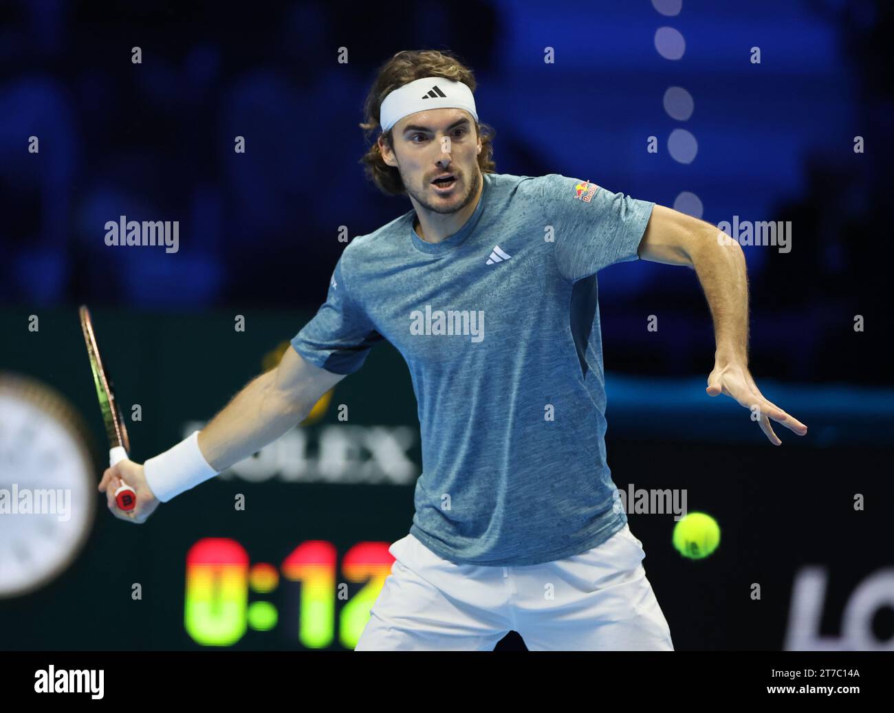 Turin, Italy. 14th Nov, 2023. Stefanos Tsitsipas hits a return during